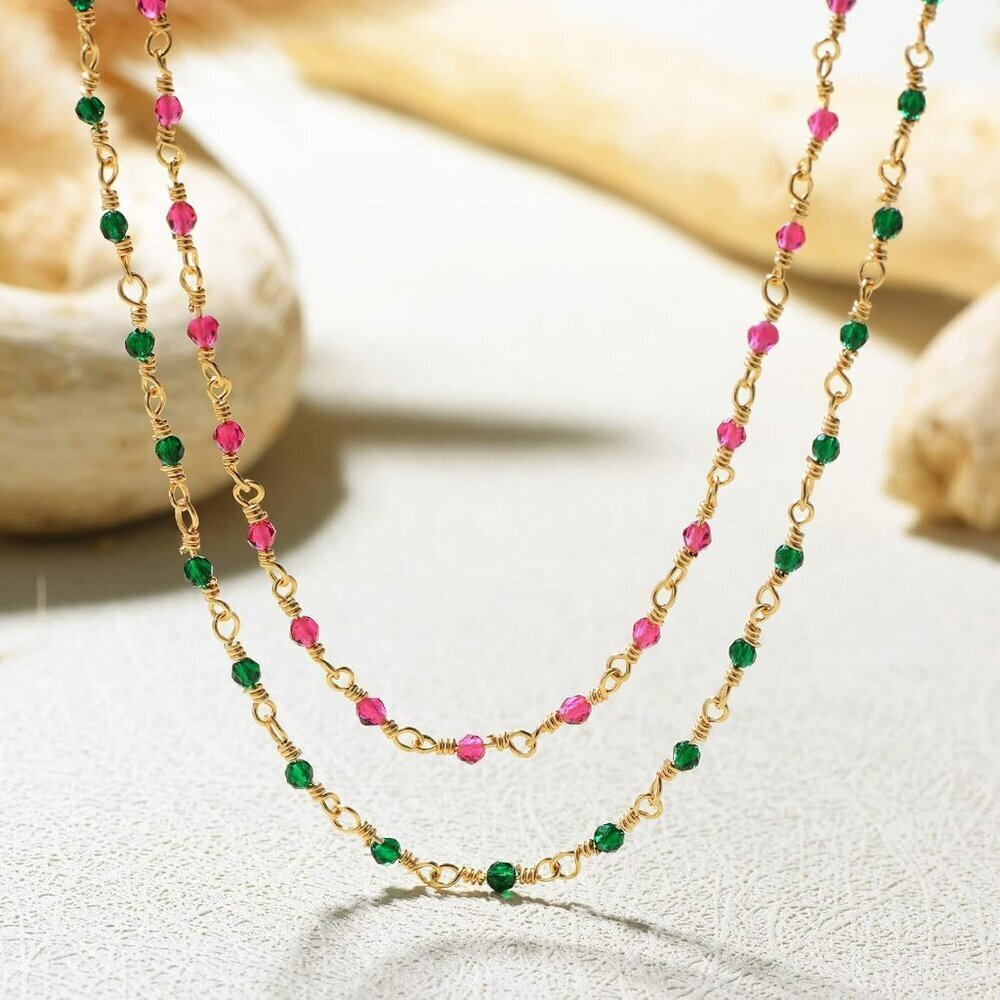 Beaded Necklaces for Women 14K Gold Plated Dainty Colorful Green/Rose Beaded Pea - Picture 5 of 7